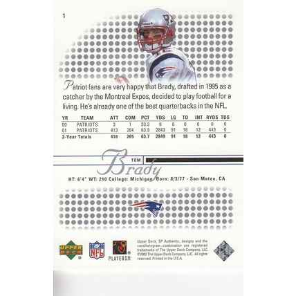 TOM BRADY 2002 AUTOGRAPHED NEW ENGLAND PATRIOTS HOF SB CHAMPION MVP QUARTERBACK