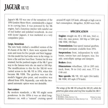 Collectors Club card. Classic Cars. Jaguar Mk VII