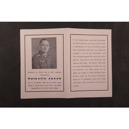 GERMAN DEATH NOTICE - VALENTIN JANEK , DIED 1945 IN YUGOSLAVIA