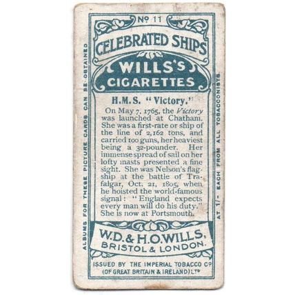 SINGLE WILLS CIGARETTE CARD CELEBRATED SHIPS 1911 NUMBER 11 H.M.S. VICTORY