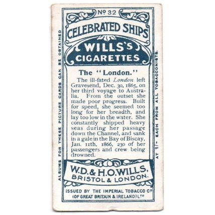 SINGLE WILLS CIGARETTE CARD CELEBRATED SHIPS 1911 NUMBER 32. THE LONDON