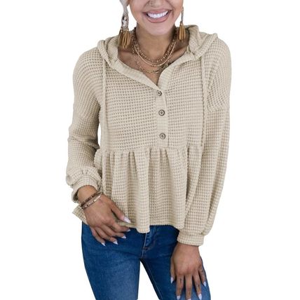 Apricot Waffle Knit Buttons Ruffled Hooded Top