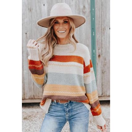 Crew Neck Drop-shoulder Striped Color Block Sweater