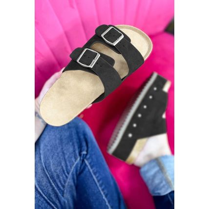 Black Suede Buckle Decor Footbed Sandal Slippers