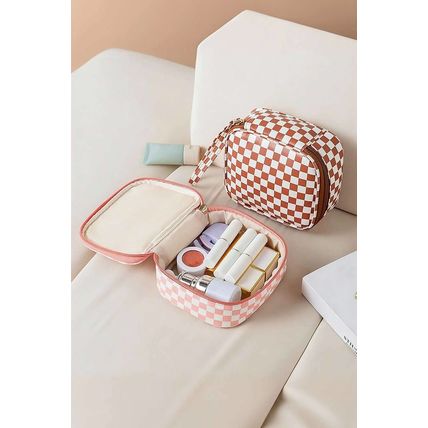 Light Pink Checkered Pattern Small Cosmetic Bag