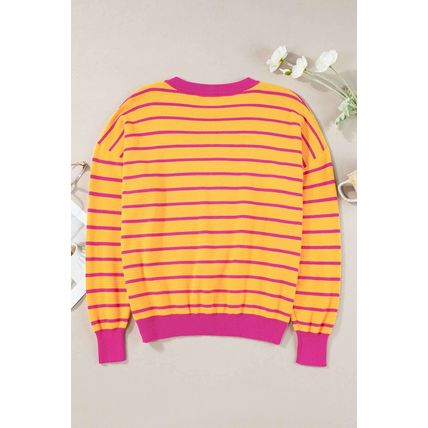Orange Stripe Trimmed Round Neck Drop Shoulder Loose Sweater
