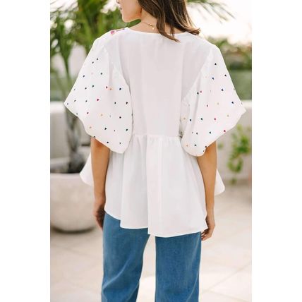 White Embroidered Puff Sleeve V Neck Blouse