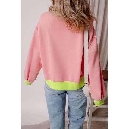 Pink Colorblock Bubble Sleeve Sweatshirt