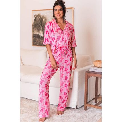 Pink Bow Knot Print Lapel Collar Short Sleeve and Pants Pajamas Set