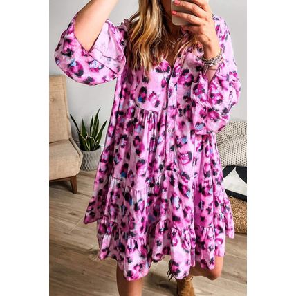 Rose Leopard Print Buttoned Front 3/4 Sleeve Tiered Ruffled Hem Dress