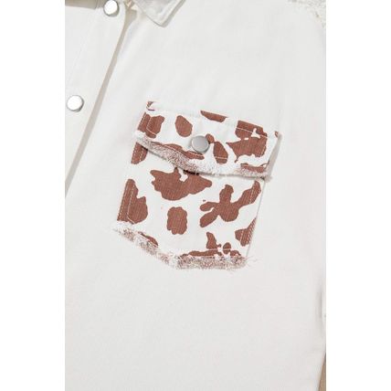 White Cow Spot Patchwork Flap Pocket Distressed Hem Long Denim Jacket
