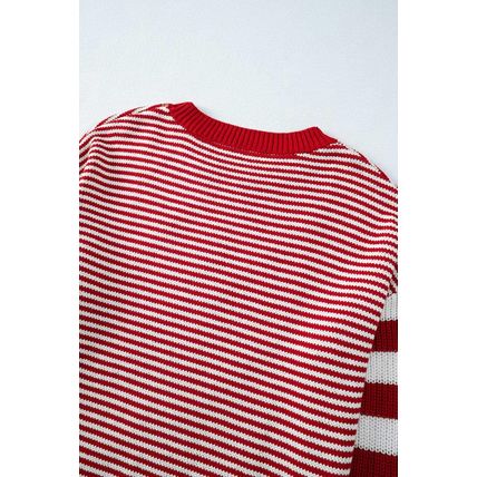 Red Stripe Geometric Textured Drop Shoulder Sweater