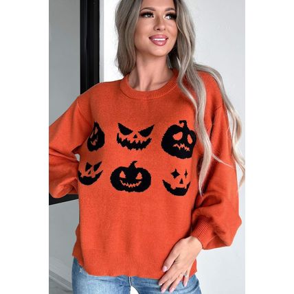 Orange Halloween Pumpkin Face Pattern Drop Shoulder Sweater