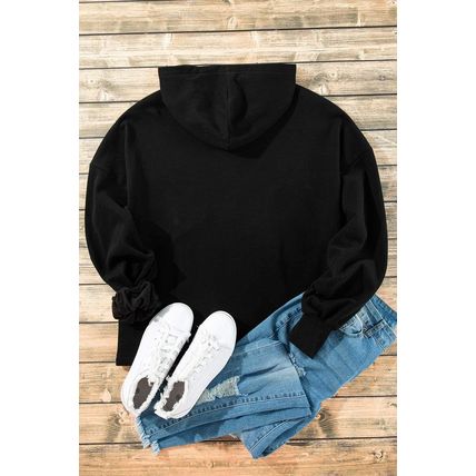Black Fleece Lined Half Zipper Kangaroo Pockets Loose Hoodie