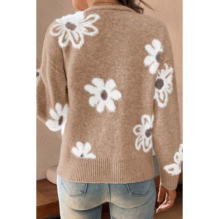 Smoke Gray Floral Print V Neck Knitted Button up Cardigan