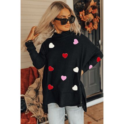 Black Valentines Chenille Heart Patched Dolman Sleeve High Neck Split Top