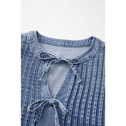 Myosotis Denim Front Pintuck Bow Tie Puff Sleeve Top