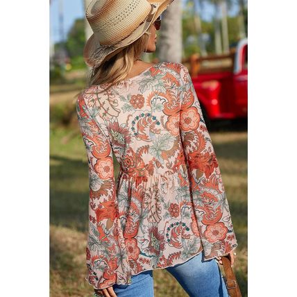 Orange Floral Print Deep V Neck Knot Bell Sleeve Blouse