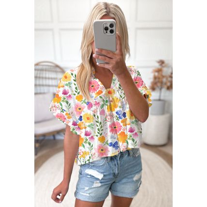 Yellow Floral Boxy Fit Ruffled Short Sleeve V Neck Blouse