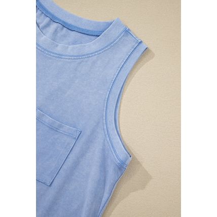 Beau Blue Mineral Wash Patched Chest Pocket Casual Tank Top