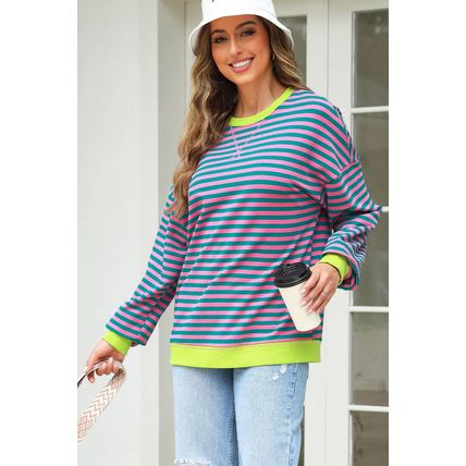 Rose Stripe Contrast Ribbed Trim Crossed Stitch Drop Shoulder Sweatshirt