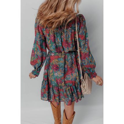Green Floral Friled V Neck Puff Sleeve Ruffled Shirt Dress