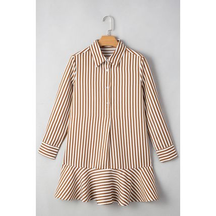 Brown Stripe Ruffled Hem Collared Long Sleeve Shirt Mini Dress