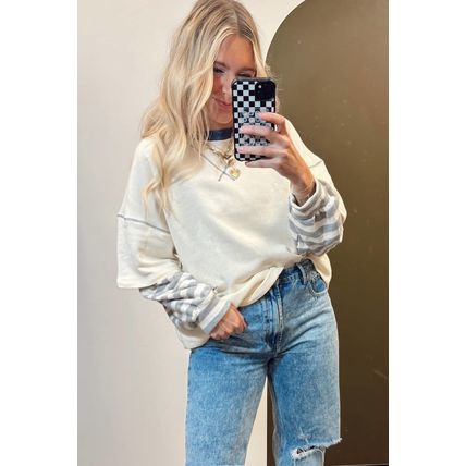 Beige Striped Patchwork Long Sleeve Round Neck Two-in-one Top