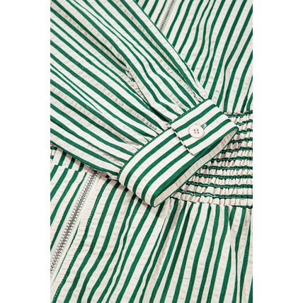 Green Stripe V Neck Zip Front Cinched High Waist Midi Dress