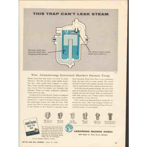 ARMSTRONG MACHINE WORKS 1962 this trap cant leak steam vintage ad