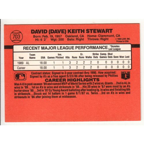 1990 Donruss baseball card 703 Dave Stewart All Star - Athletics