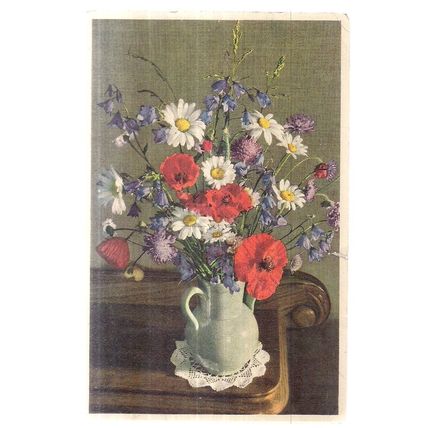 PRETTY FLOWERS IN A VASE .. used vintage postcard Swiss. 1957 Barnstaple pm. =