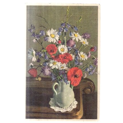 PRETTY FLOWERS IN A VASE .. used vintage postcard Swiss. 1957 Barnstaple pm.