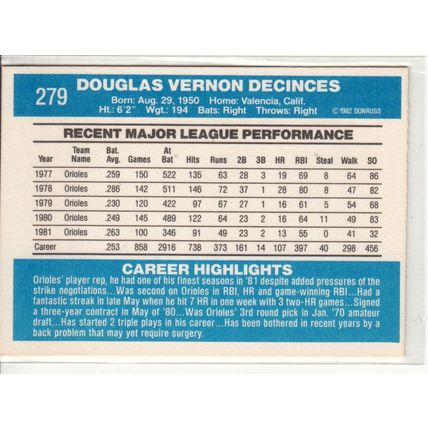 1982 Donruss baseball card 279 Doug DeCinces