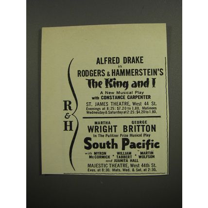 1953 Rodgers & Hammerstein's Plays Ad - The King and I; South Pacific