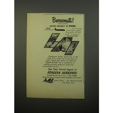 1956 LAI Italian Airlines Ad - Benvenuti (welcome) Easter Holiday in Rome