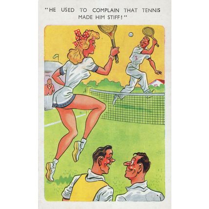 Sexy Lady In Game Of Tennis Makes The Man Stiff Erection Comic Postcard