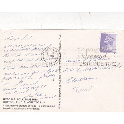 Ryedale Folk Museum Cottage Hutton Le Hole York Postcard posted 1983 crease