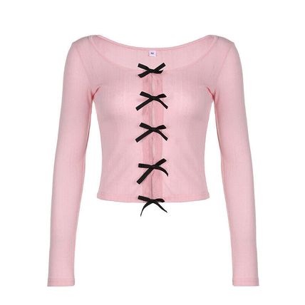 Long Sleeve Contrast Tees Lace Bow Button Sweet Kawaii Female Japanese Slim