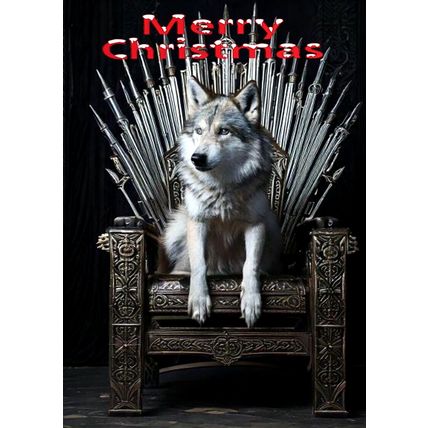 STUNNING WOLF XMAS CARD WOLF ON A THRONE MADE OF SWORDS CHRISTMAS CARD