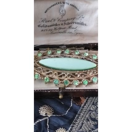 Antique Vintage Austria 1950-s Gilded Metal Green Stones Brooch - Large Piece!