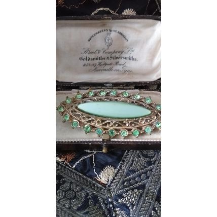 Antique Vintage Austria 1950-s Gilded Metal Green Stones Brooch - Large Piece!