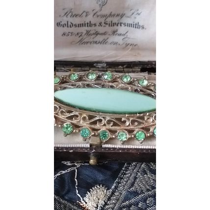 Antique Vintage Austria 1950-s Gilded Metal Green Stones Brooch - Large Piece!