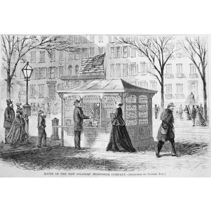Booth of Soldiers' Messenger Co. / Pork vs. Milk / Horse Flesh & Trimmings. 1868