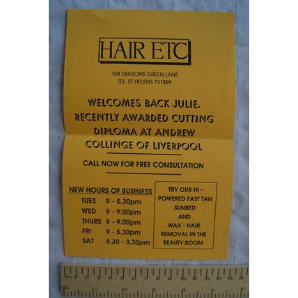 Vintage flyer: Hair Etc. Dentons Green Lane, St. Helens