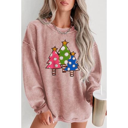 Pink Vintage Wash Sequined Christmas Tree Corded Sweatshirt