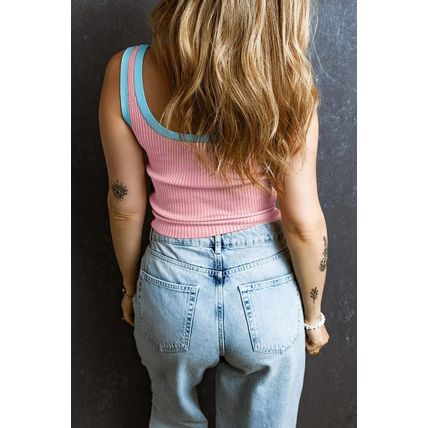 Pink Colorblock Edge Ribbed Knit U Neck Tank Top