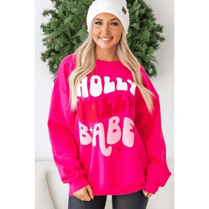 Rose Red Christmas Holly Jolly Babe Graphic Oversized Sweatshirt