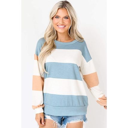 Light Blue Colorblock Striped Drop Shoulder Long Sleeve Top