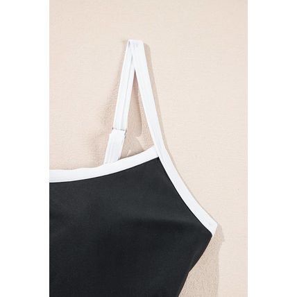 Black Contrast Trim Two Tone Belted One Piece Swimsuit
